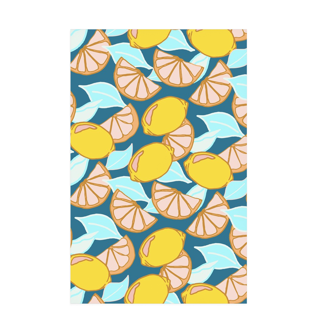 Tea towel hand designed by Jessica Reynolds with a lemon themed design on a waffle microfiber towel.