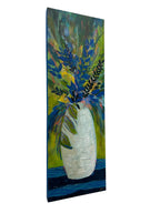 Painting of a white vase with blue and green leaves on a white background