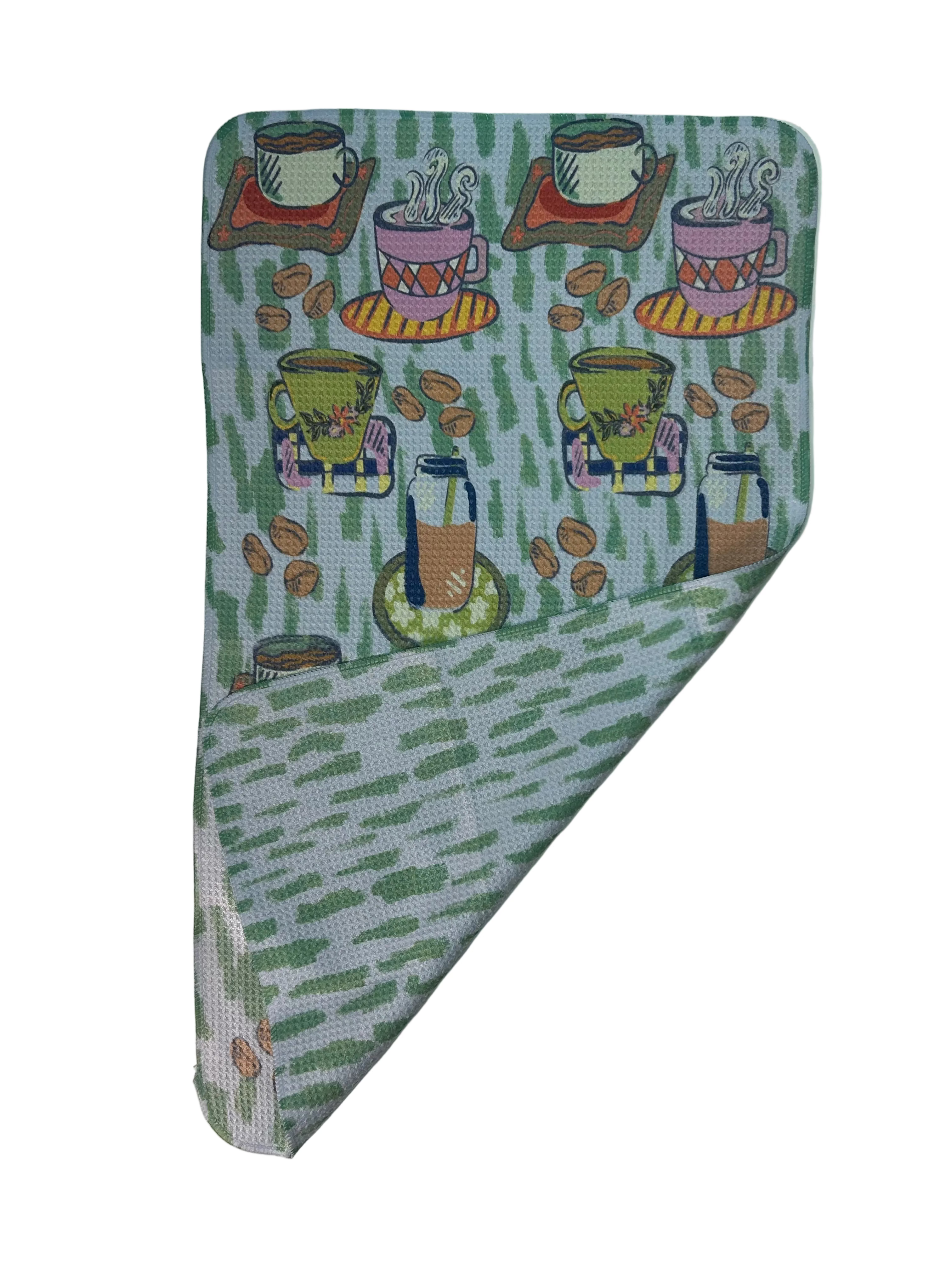 Tea Towel with tea cup and saucer pattern on a white background