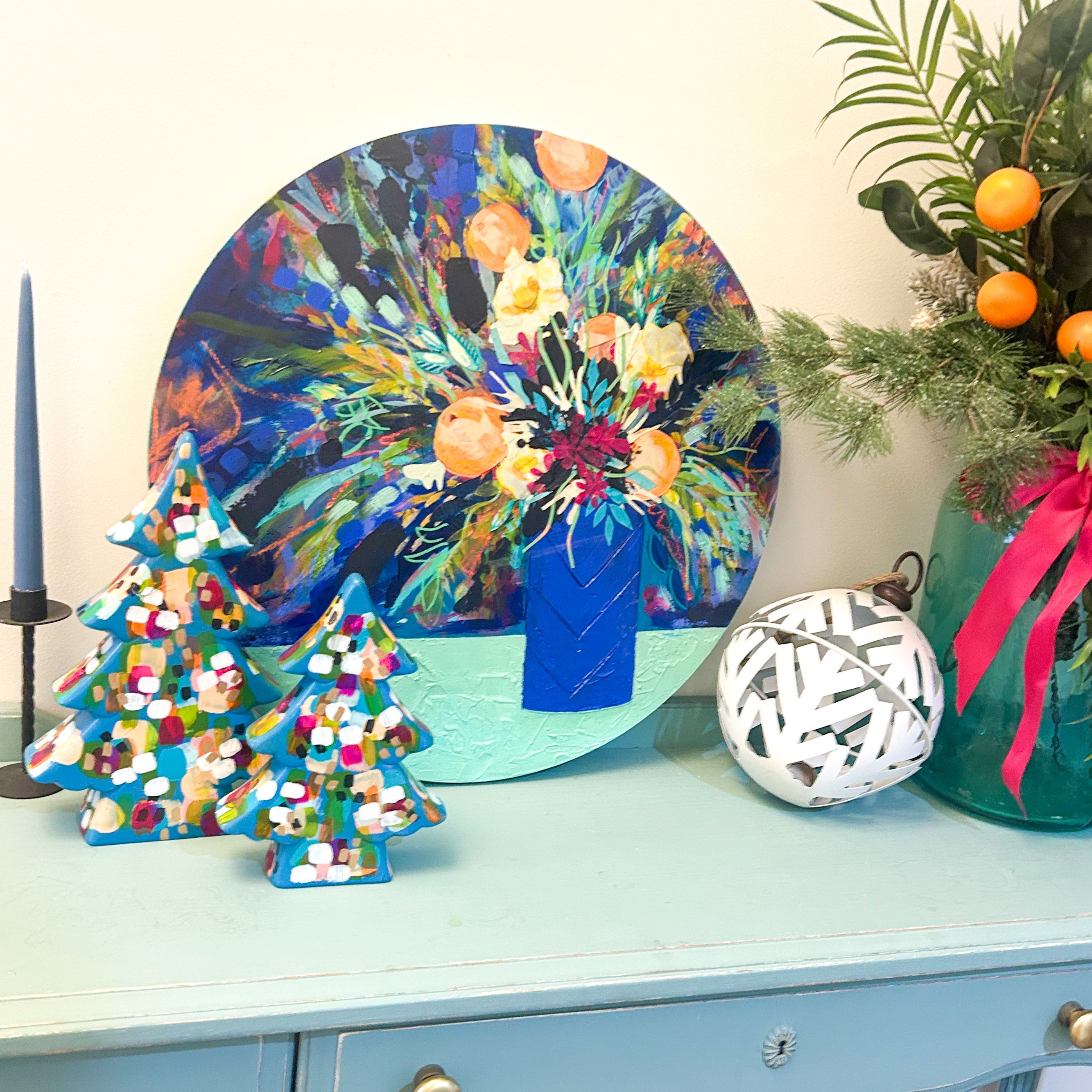 Small Teal and Bright Shelf Tree|Jessica Reynolds Art