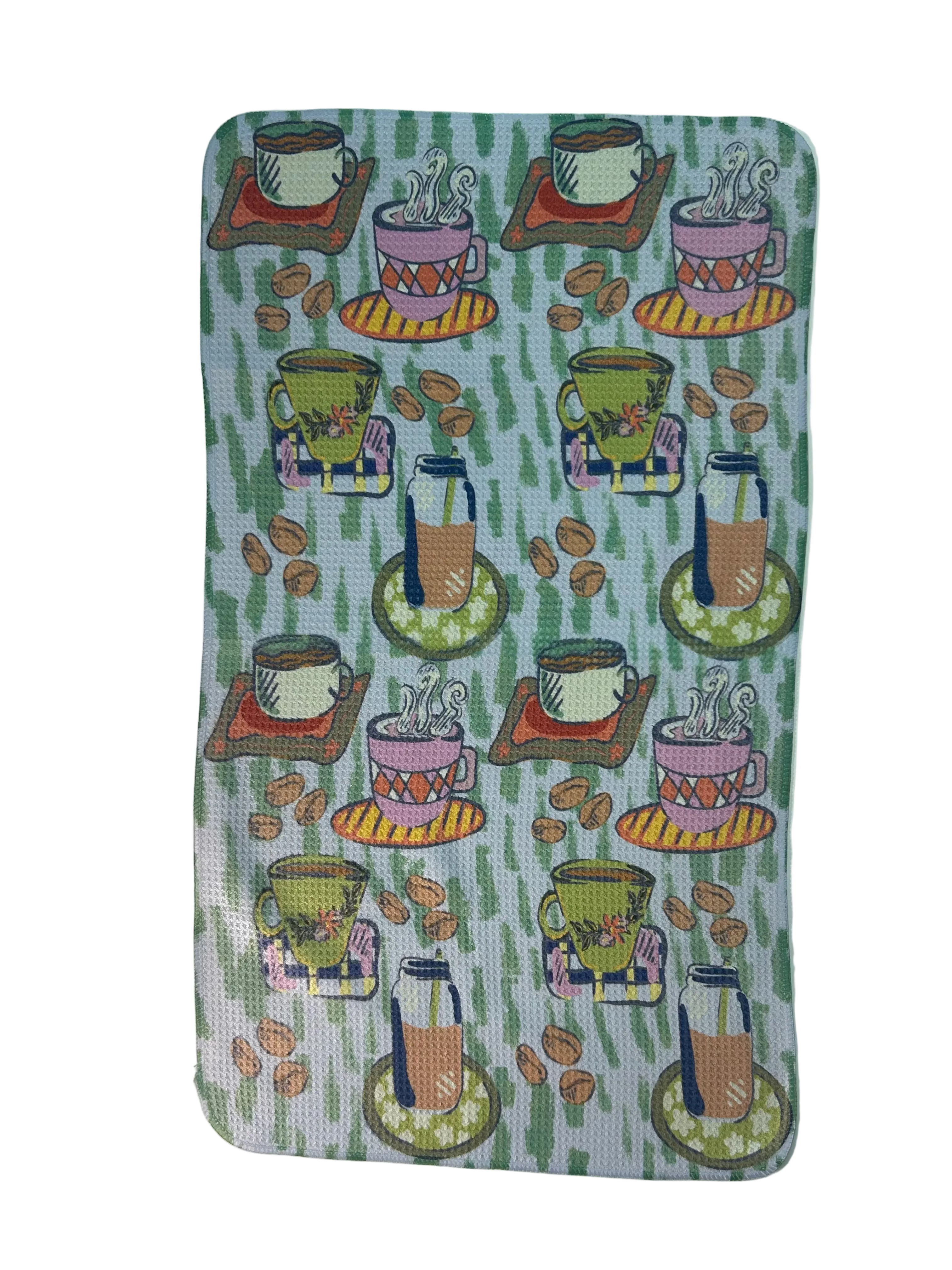 Towel with coffee-themed design on a white background