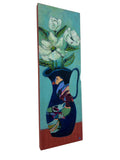 Painted wooden panel with ducka and flowers on a white background