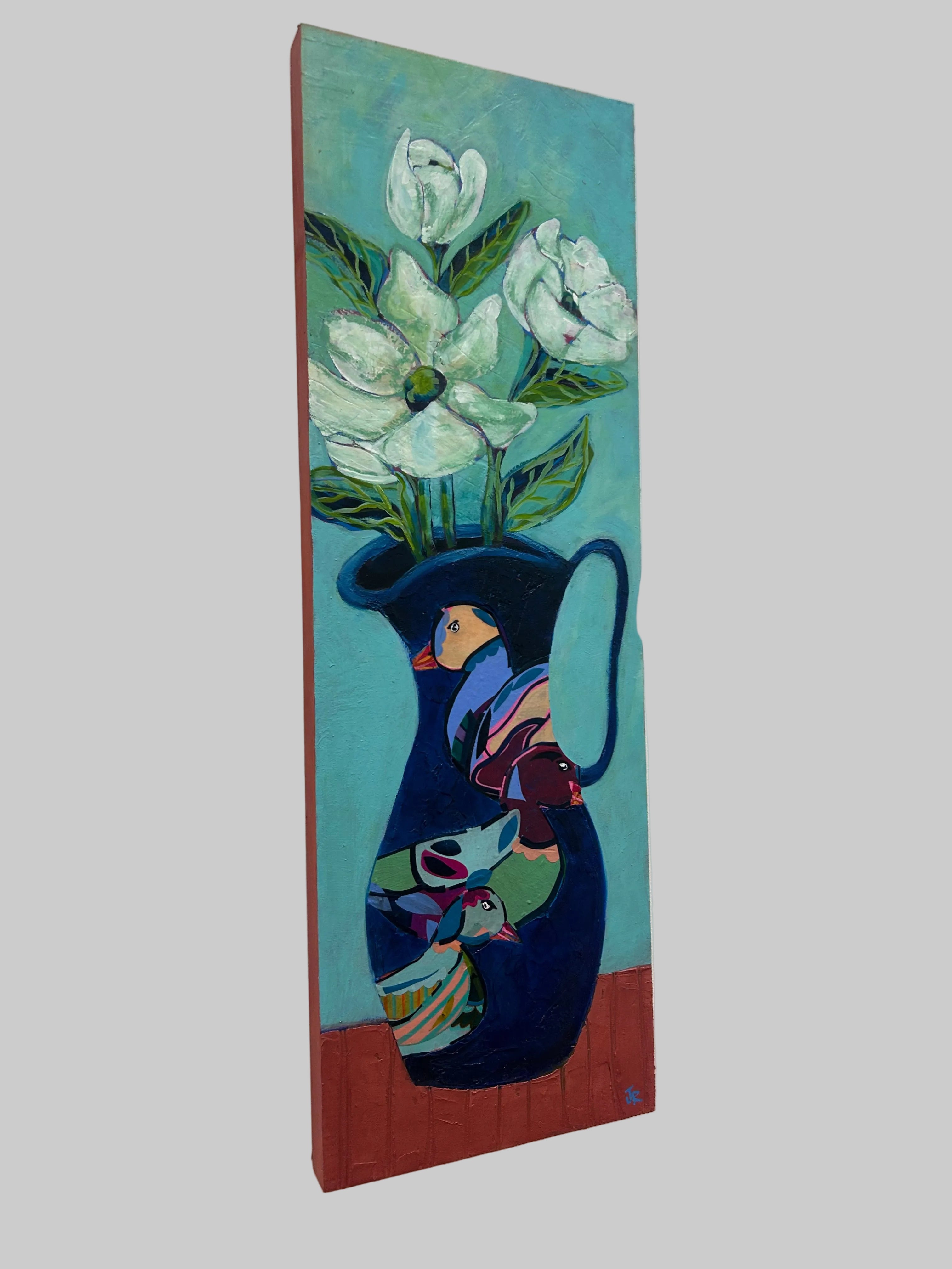 Painted wooden panel with ducka and flowers on a white background