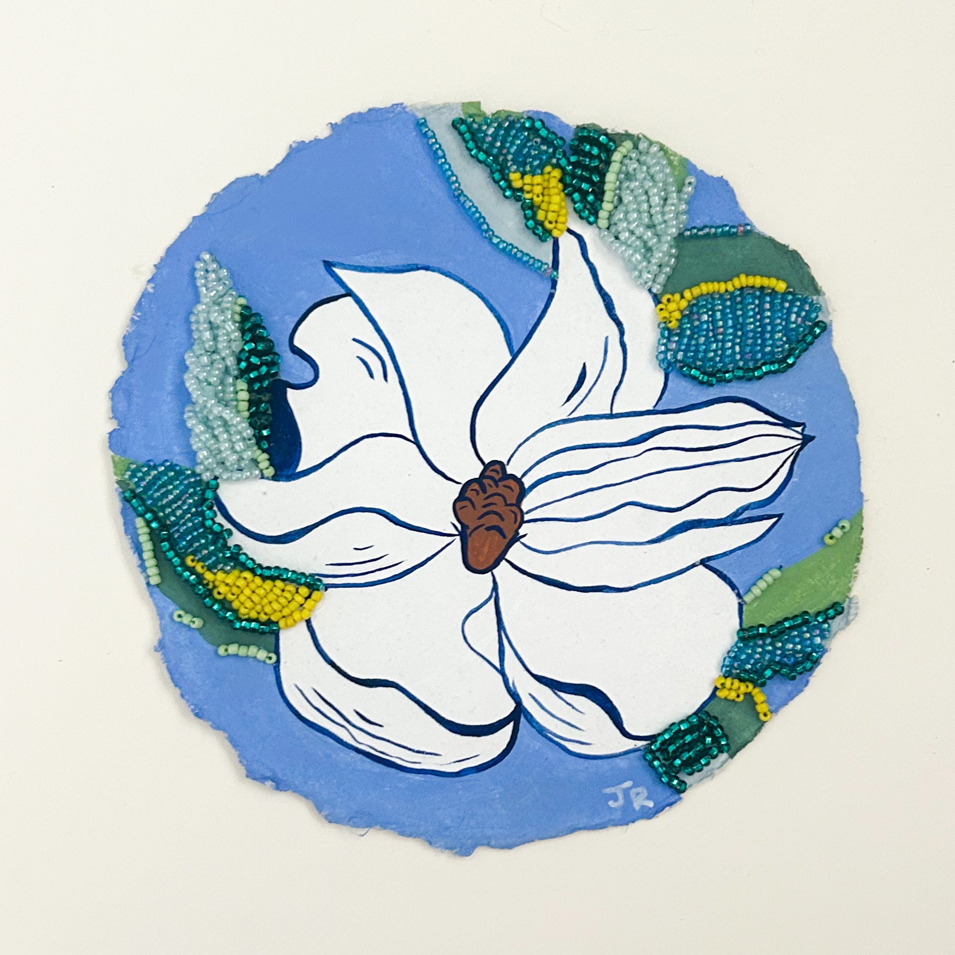 Blue Magnolias on Paper|Gouache and Bead Embroidery Painting