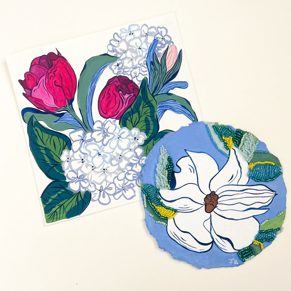 Blue Magnolias on Paper|Gouache and Bead Embroidery Painting