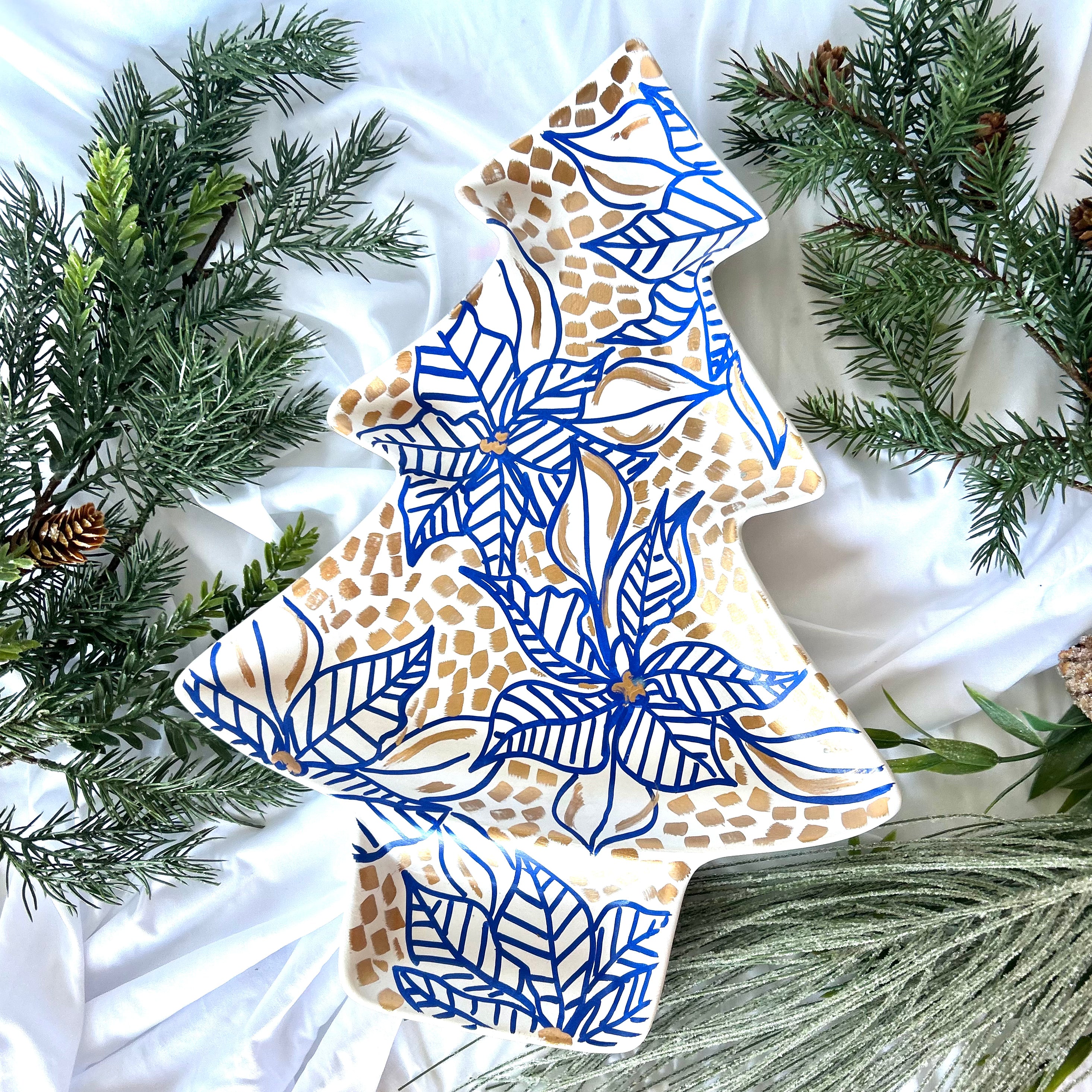 Blue Poinsettia Christmas Tray|Jessica Reynolds Art