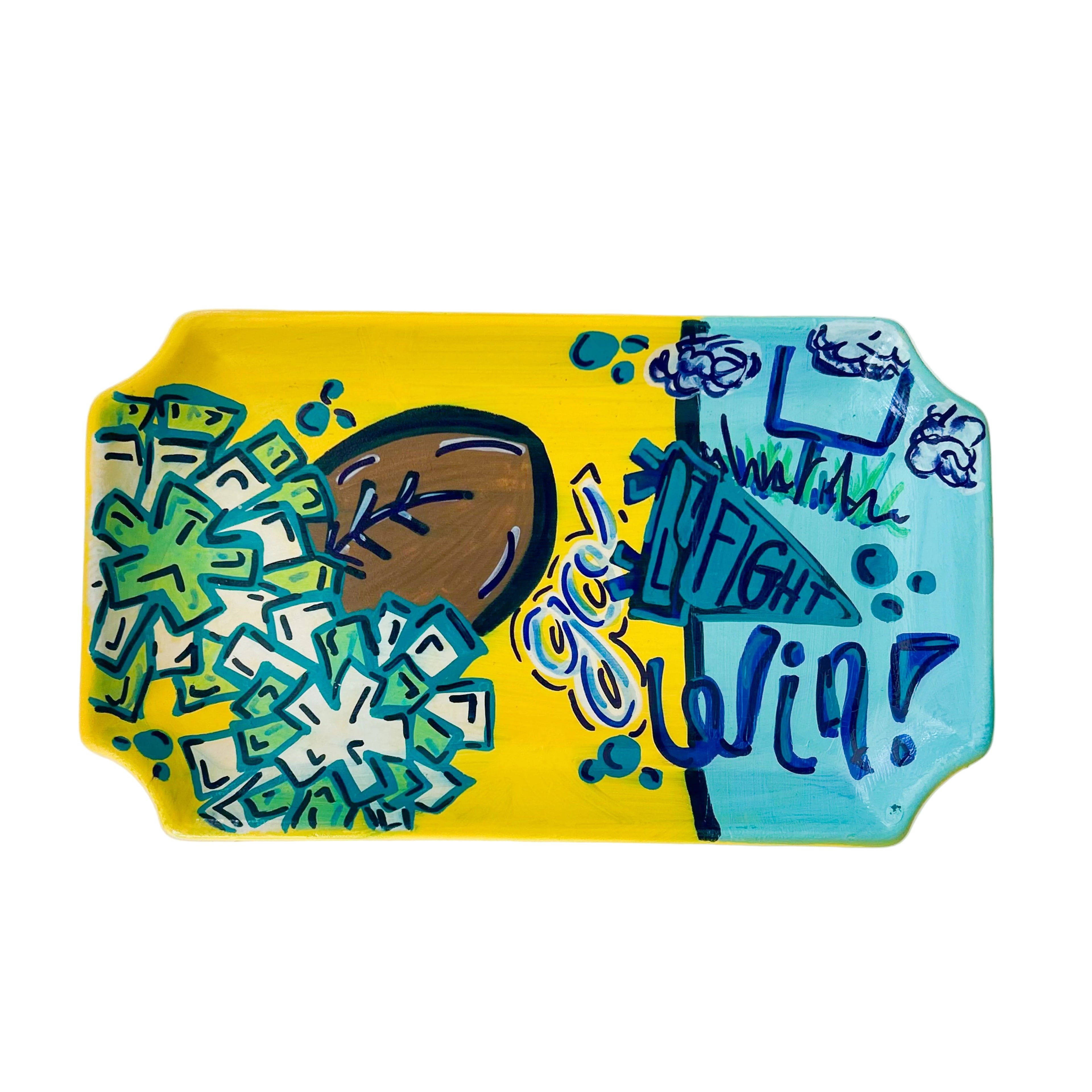 Colorful ceramic tray with artistic design and text on a white background