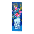Painting of a blue vase with pink flowers on a white background