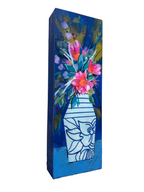 Painting of a white vase with colorful flowers on a blue background