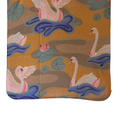 Textile with a pattern of swans and lily pads on a brown background