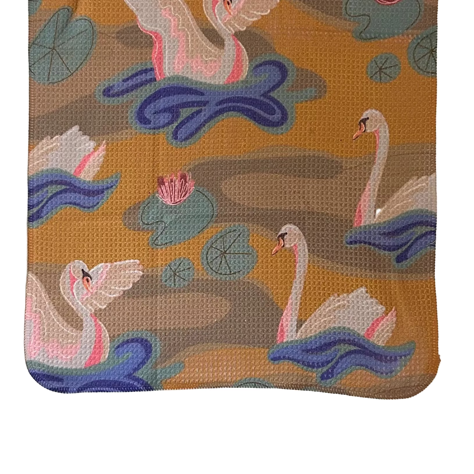 Textile with a pattern of swans and lily pads on a brown background