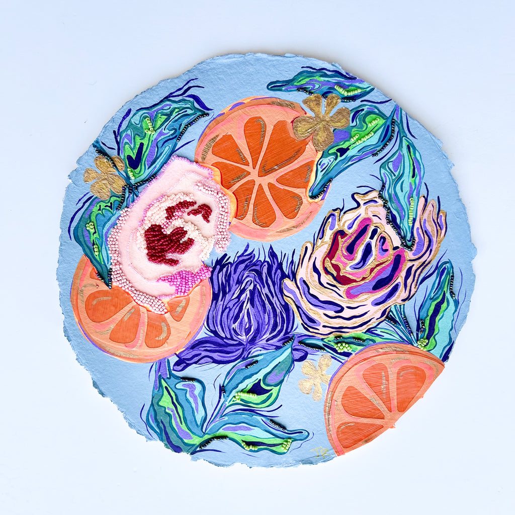 Round Citrus On Paper|Polymer lift and Bead Embroidery Painting