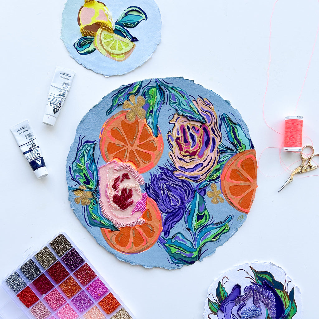 Round Citrus On Paper|Polymer lift and Bead Embroidery Painting