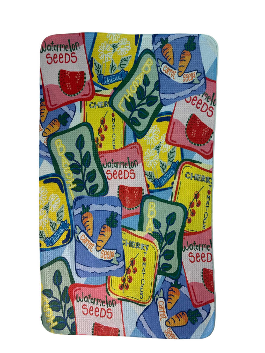Colorful patchwork of seed packets on a white background