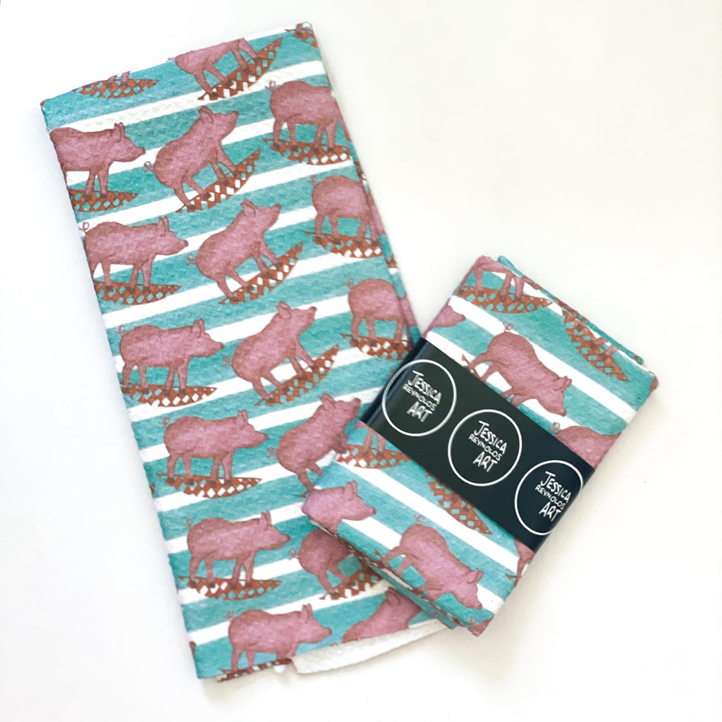 Here Piggy Piggy Tea Towel|Jessica Reynolds Art