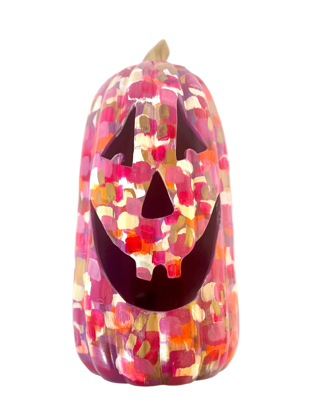Tall pink and gold pumpkin on white background