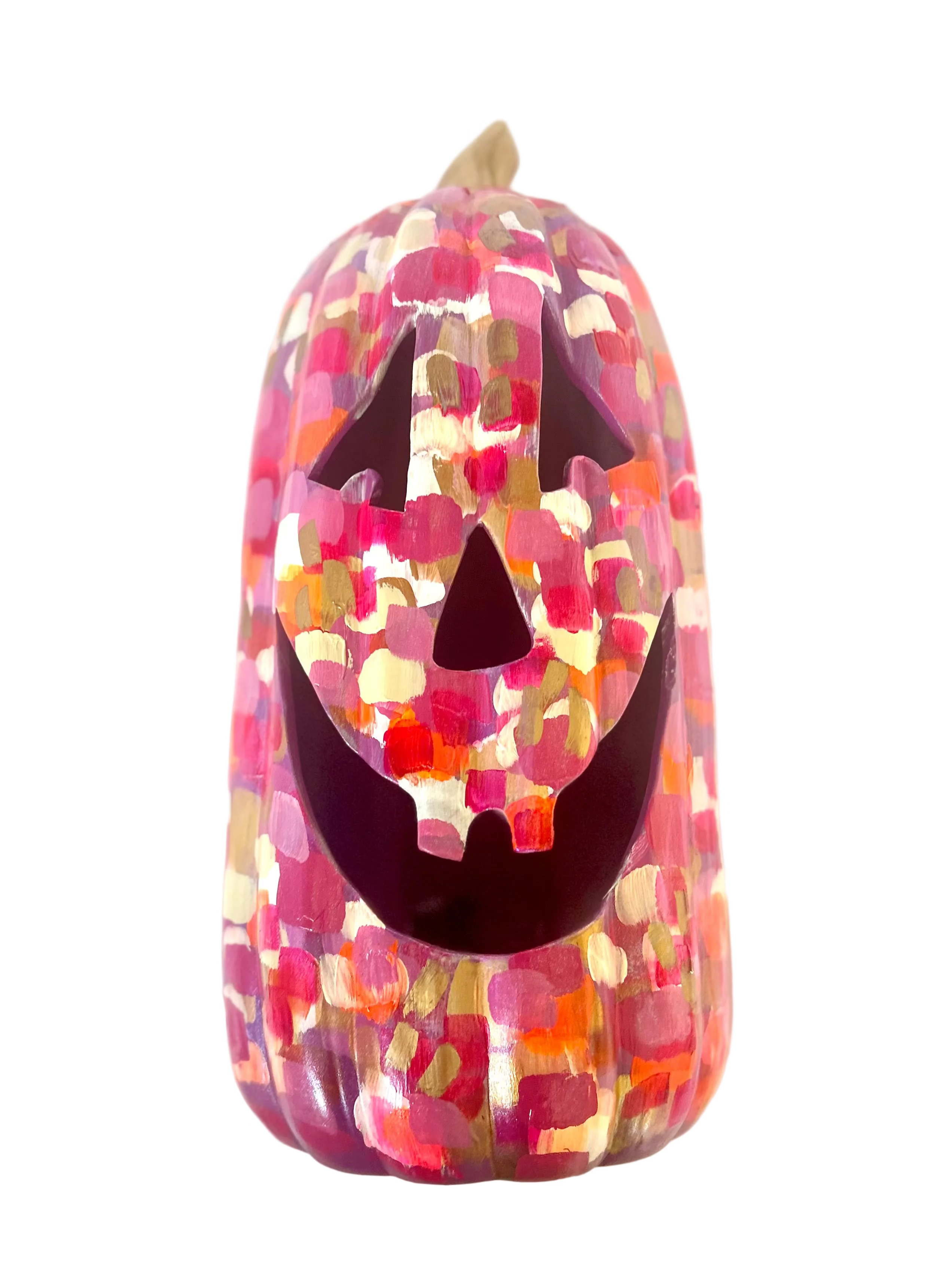 Tall pink and gold pumpkin on white background