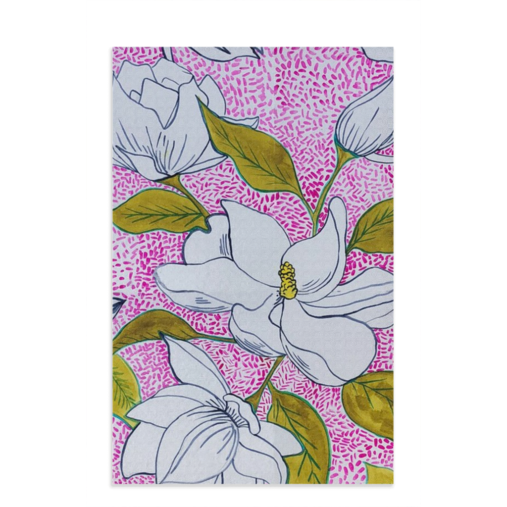 Tea towel hand designed by Jessica Reynolds art. Featuring magnolias on a waffle microfiber towel.