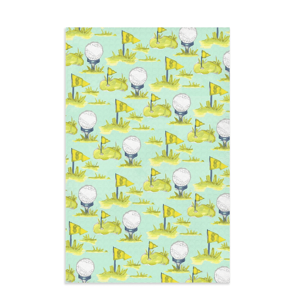 Hand towel with a golf tolle in light greens and mints.  Towel designed by Jessica Reynolds on a waffle microfiber towel.