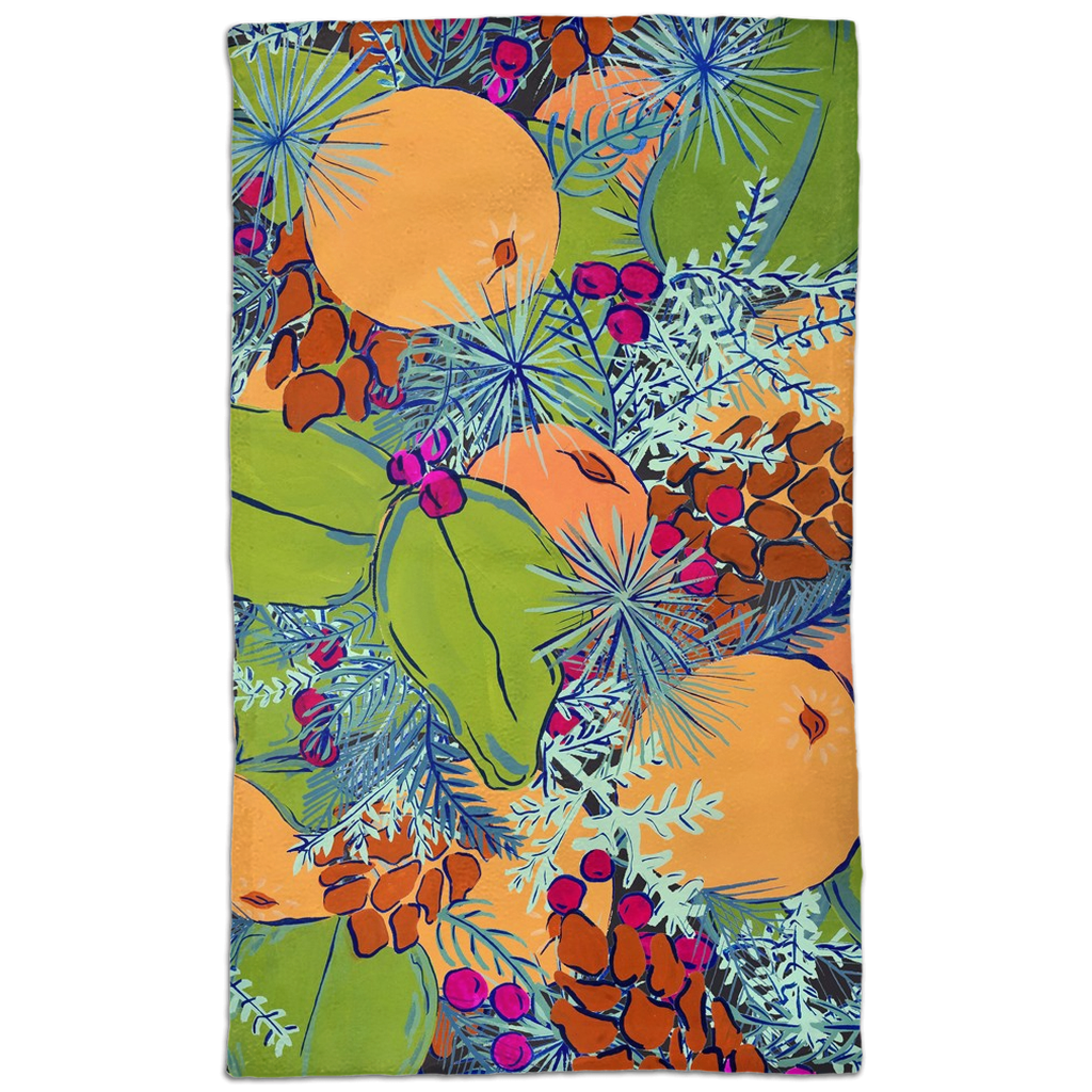 Tea towel hand designed by Jessica Reynolds with citrus and greenery design on a microfiber towel with terry loop backing..