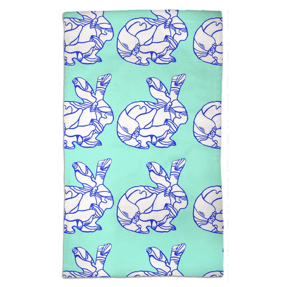 Blue magnolia bunny  tea towel hand designed by Jessica Reynolds.  Microfiber front with a terry loop backing.