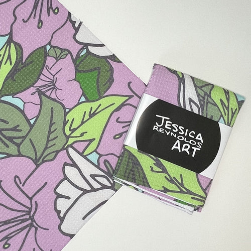 Azalea tea towel hand designed by Jessica Reynolds.  Waffle microfiber fabric.