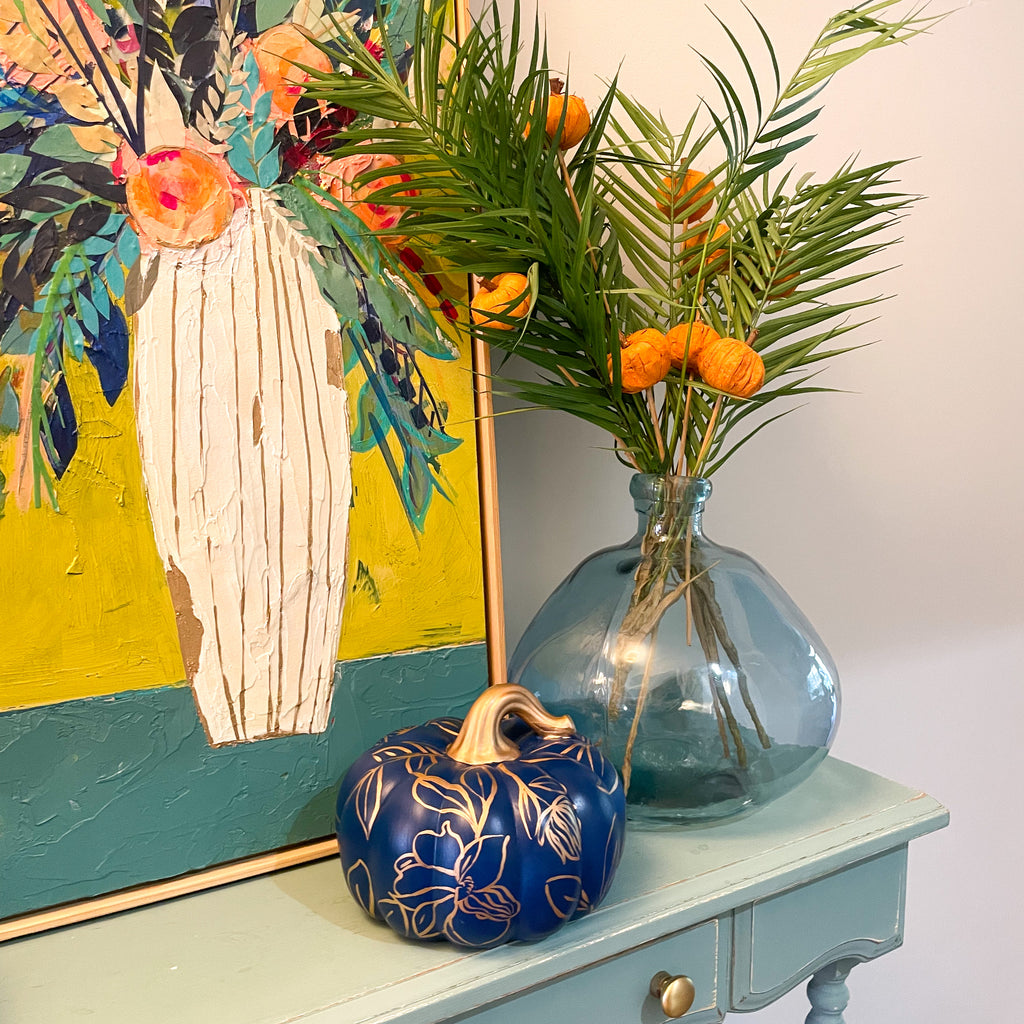Large Blue and Gold Magnolia Pumpkin|Jessica Reynolds Art